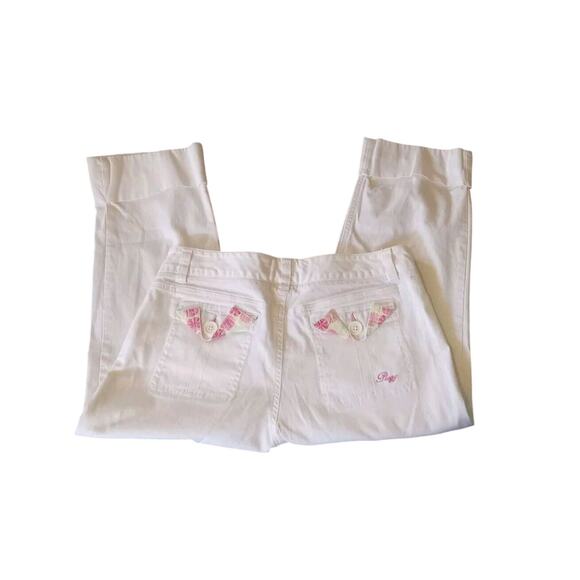 Plugg White Thin Corduroy Cuffed Cropped Pant 9 Pink Logo Preppy Y2K Coquette - Picture 3 of 3
